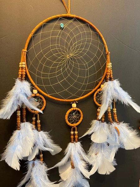 CHANDELIER with Baby Blue Feathers Dream Catcher Made in the USA of Cherokee Heritage & Inspiration