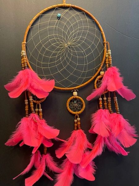 CHANDELIER with Hot Pink Feathers Dream Catcher Made in the USA of Cherokee Heritage & Inspiration