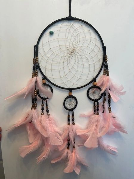 Black Leather & Pink Beads Medium Size Native American Hand-Made Dream Catcher 