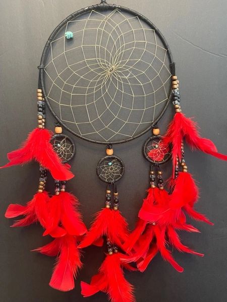 BLACK CHANDELIER with Red Feathers Dream Catcher Made in the USA of Cherokee Heritage & Inspiration