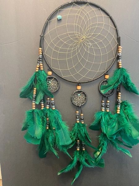 BLACK CHANDELIER with Green Feathers Dream Catcher Made in the USA of Cherokee Heritage & Inspiration