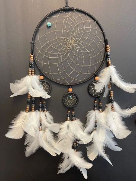 BLACK CHANDELIER with White Feathers Dream Catcher Made in the USA of Cherokee Heritage & Inspiration