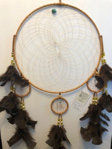 CHANDELIER with Brown Feathers (Glass Beads) Dream Catcher Made in the USA of Cherokee Heritage & Inspiration