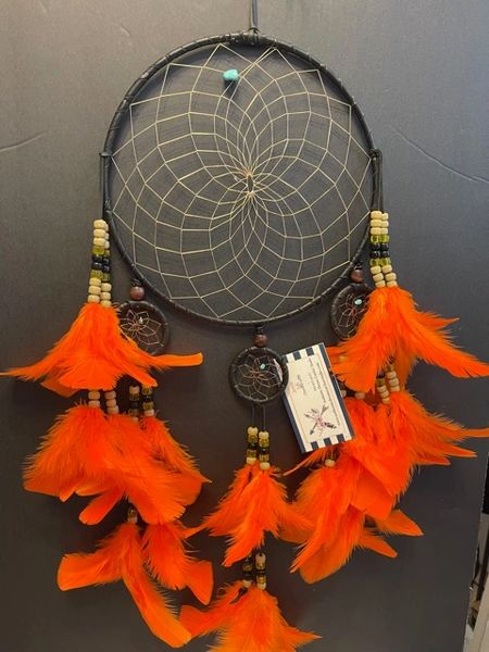 BLACK CHANDELIER with Orange Feathers Dream Catcher Made in the USA of Cherokee Heritage & Inspiration