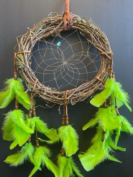 12" LIME Grapevine Wreath Dream Catcher Made in the USA of Cherokee Heritage & Inspiration