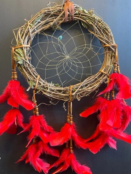 15" RED Grapevine Wreath Dream Catcher Made in the USA of Cherokee Heritage & Inspiration