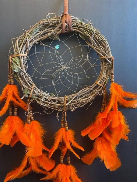 15" ORANGE Grapevine Wreath Dream Catcher Made in the USA of Cherokee Heritage & Inspiration