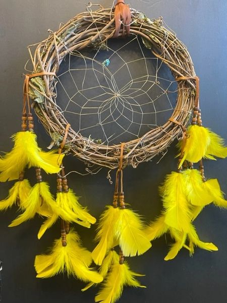 18" YELLOW Grapevine Wreath Dream Catcher Made in the USA Cherokee Heritage and Inspiration