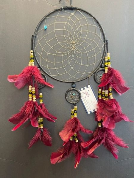 BLACK CHANDELIER with Burgundy Feathers Dream Catcher Made in the USA of Cherokee Heritage & Inspiration