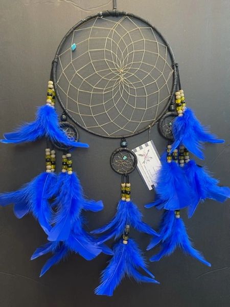 BLACK CHANDELIER with Royal Blue Feathers Dream Catcher Made in the USA of Cherokee Heritage & Inspiration