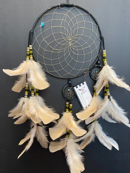 BLACK CHANDELIER Dream Catcher with Beige Feathers Made in the USA of Cherokee Heritage & Inspiration