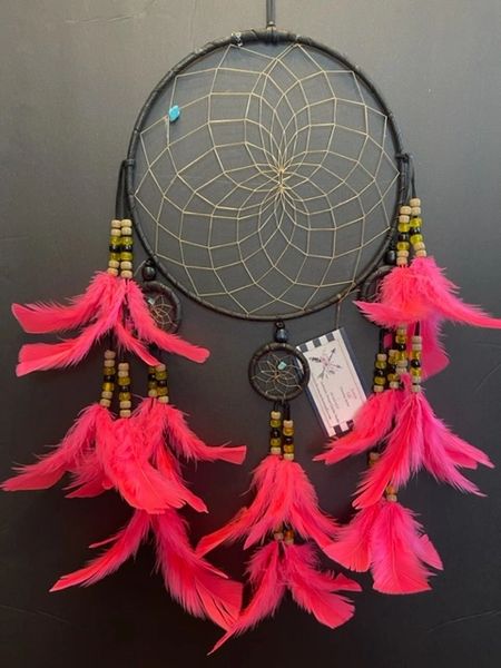 BLACK CHANDELIER with Hot Pink Feathers Dream Catcher Made in the USA of Cherokee Heritage & Inspiration
