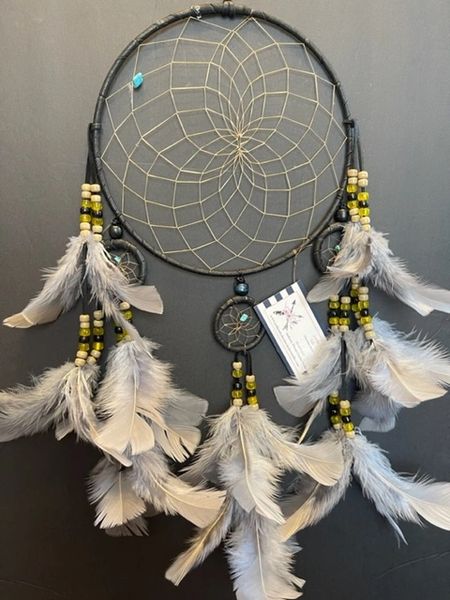 BLACK CHANDELIER with Gray Feathers Dream Catcher Made in the USA of Cherokee Heritage & Inspiration
