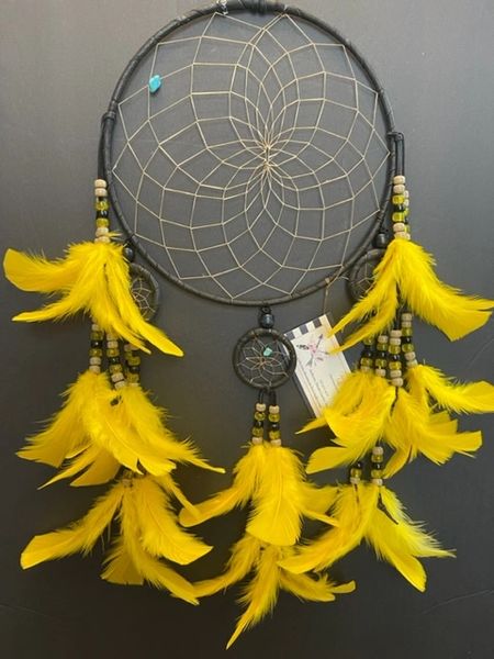BLACK CHANDELIER with Yellow Feathers Dream Catcher Made in the USA of Cherokee Heritage & Inspiration