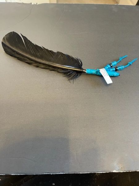 Black Feather with Turquoise Leather Smudge Fan with Pony Beads Made in the USA of Cherokee Heritage & Inspiration