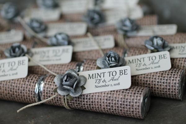 Silver wedding favors, burlap theme wrapper, personalized favors