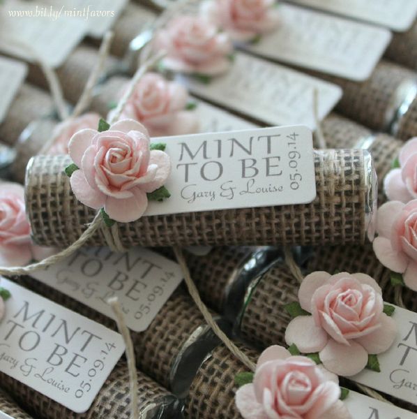 burlap wedding favor with mint rose