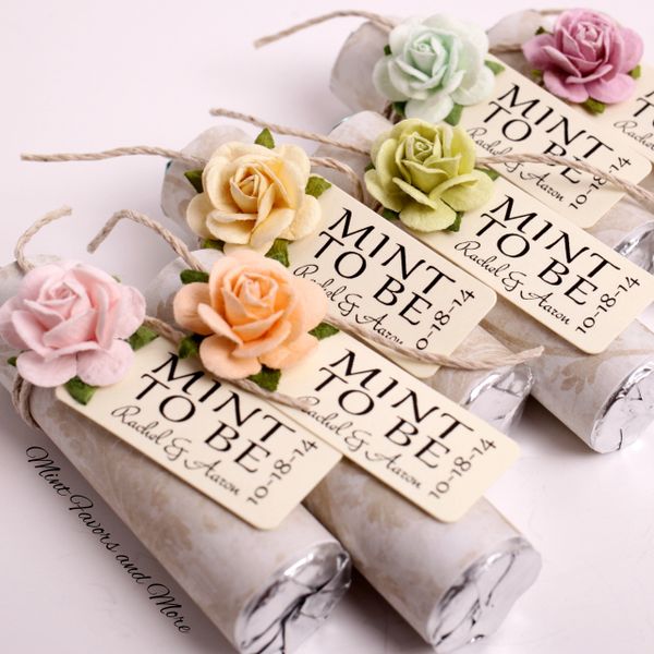 burlap wedding favor with mint rose