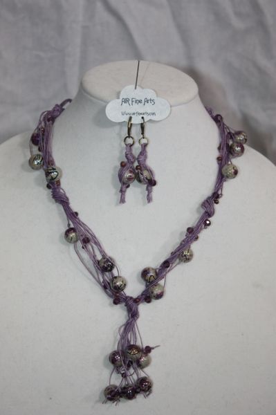 Handknotted Irish Linen Purple Bead and Crystal Necklace & Earring Set