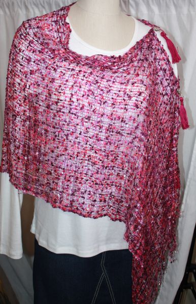 Woven Multi Pink/White/Lime Green/Orange/Black Vest/Poncho/Scarf with Tassel Accents