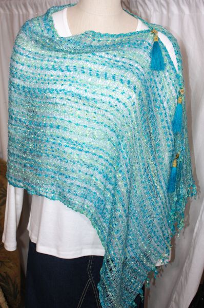 Woven Shades of Turquoise/ Lime Green Vest/Poncho/Scarf with Tassel Accents