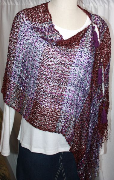Woven Burgundy/Purple/White Vest/Poncho/Scarf with Tassel Accents