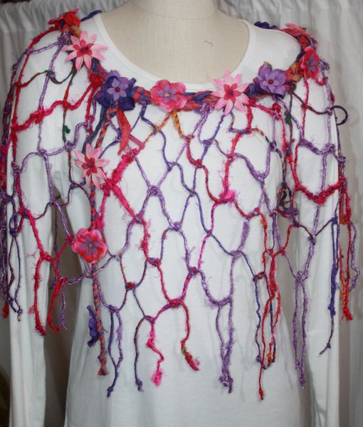 Magenta, Purple and Pink Sari Silk and Handknotted Banana Fiber Poncho with Silk Flower, Stone and Lucite Embellishments