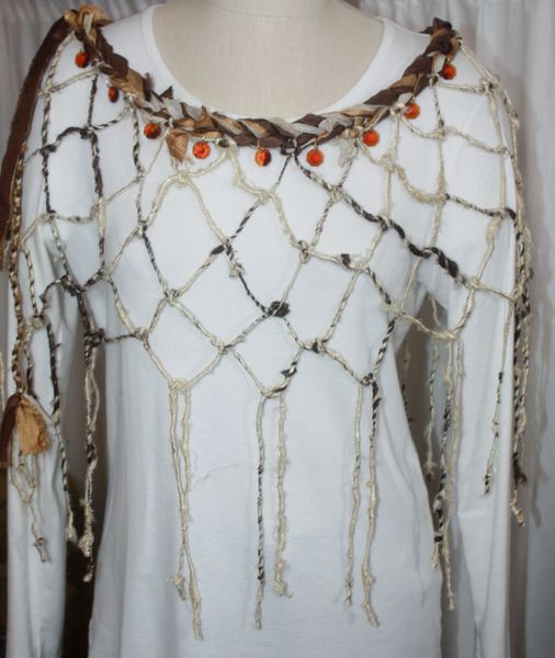 Cream, Brown and Amber Sari Silk and Handknotted Banana Fiber Poncho with Amber Crystal Embellishments