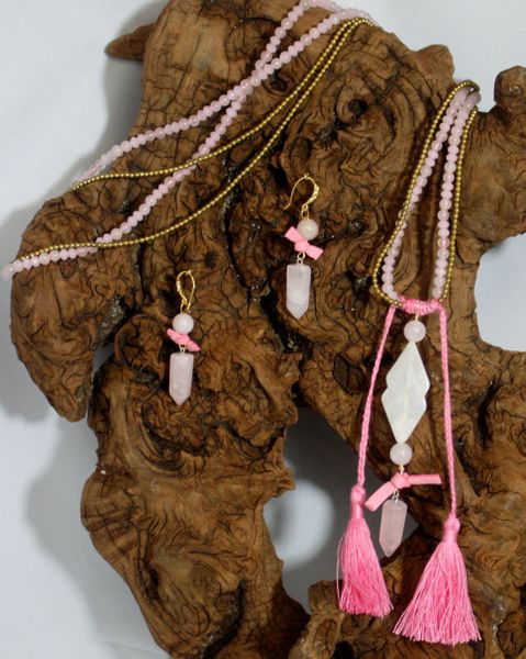 Light Pink Quartz Natural Stone with a Quartz Pendant Accentuated with Suede Knot Details and Tassel Necklace/Earring Set