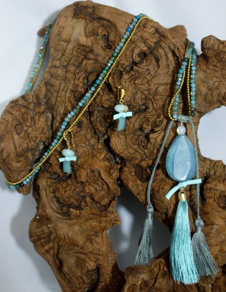 Light Aqua Hue Agate with an Agate Pendant Accentuated with Suede Knot Details and Tassel Necklace/Earring Set