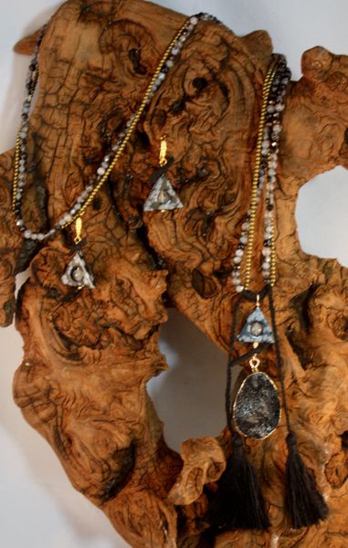 Black and Gray Snowflake Agate with a Druzy pendant accentuated with suede knot details and jeweled charm Tassel Necklace/Earring Set