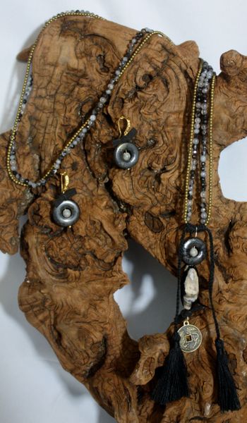 Black and Gray Agate with an Agate and Pyrite pendant accentuated with suede knot details and jeweled charm Tassel Necklace/Earring Set