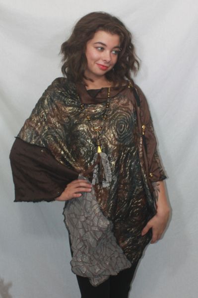 Patchwork Poncho - Gray, Bronze & Browns