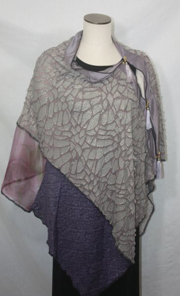 Patchwork Poncho - Heather Purple Crackle Knit, Gray Lace, Organza, Purple