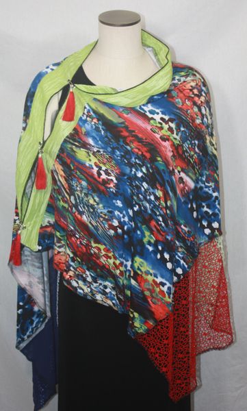 Patchwork Poncho - Red, Blue, White & Lime Print Knit with Laces