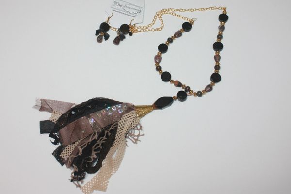Black & Brown Tassel Stone and Gold Bead Necklace with Matching Earrings