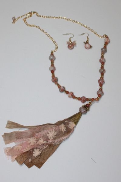 Peachy Orange & Tan Tassel Stone and Gold Bead Necklace with Matching Earrings