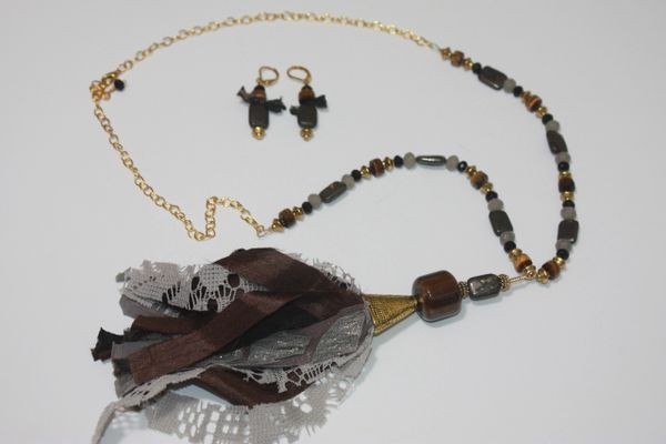 Black & Brown Tassel Pyrite & Tigers Eye Stone and Gold Bead Necklace with Matching Earrings