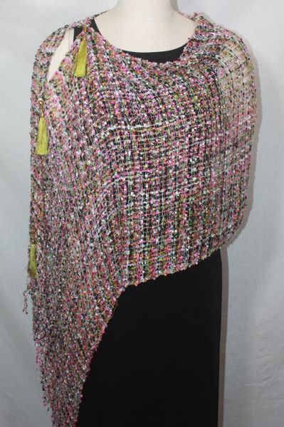Woven Multi Pink/White/Lime Green/Orange/Black Vest/Poncho/Scarf with Tassel Accents
