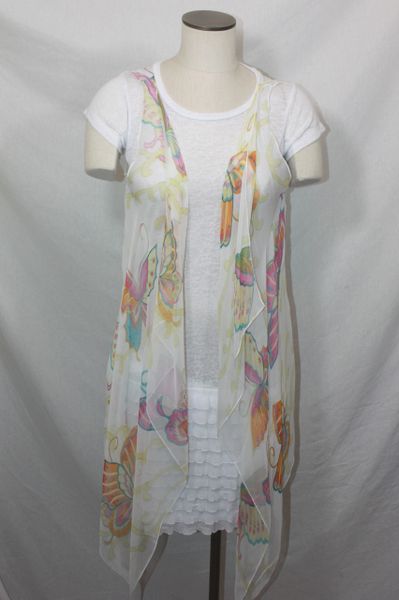 White Polyester Chiffon Fabric 3-Panel Vest Scarf Butterfly Print