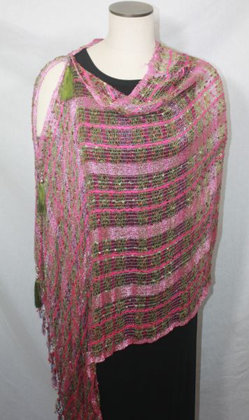 Woven Magenta, Olive Green Vest/Poncho/Scarf with Tassel Accents