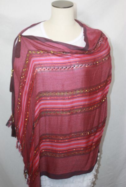 Woven Deep Red Vest/Poncho/Scarf with Tassel Accents