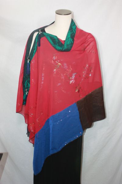 Patchwork Poncho - Deep Red with Iridescent Painted Embellishment with Greens, Blues, Coppers