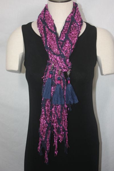 Woven Shades of Purple Magenta & Navy Vest/Poncho/Scarf with Tassel Accents