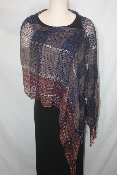 Woven Shades of Navy, Red, White, Light Brown Vest/Poncho/Scarf with Tassel Accents