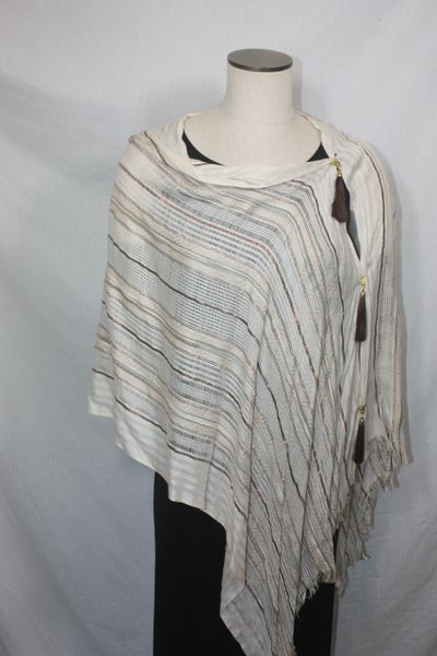 Woven Shades of Cream Bronze Brown Vest/Poncho/Scarf with Tassel Accents