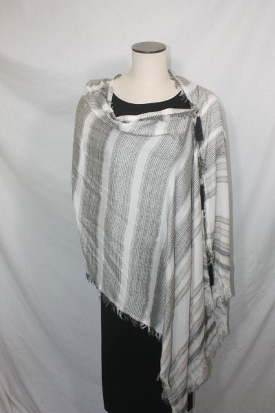 Woven Shades of Off White, Black Vest/Poncho/Scarf with Tassel Accents