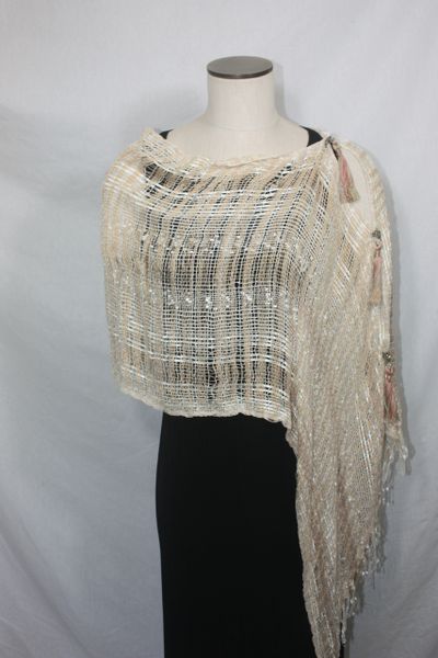 Woven Shades of Tan Beige and Cream Vest/Poncho/Scarf with Tassel Accents