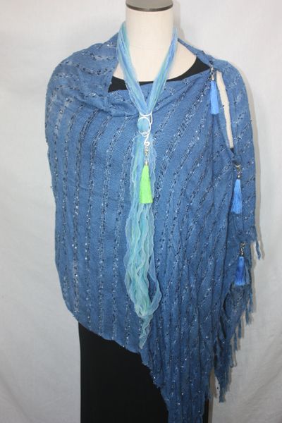 Woven Shades of Blue Vest/Poncho/Scarf with Tassel Accents
