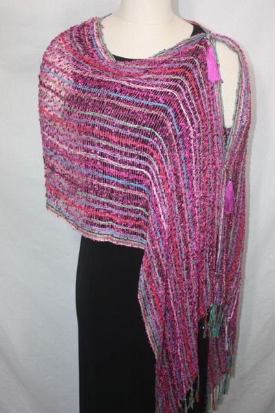 Woven Shades of Magenta, Striped with Red, Green, Blue & White Vest/Poncho/Scarf with Tassel Accents